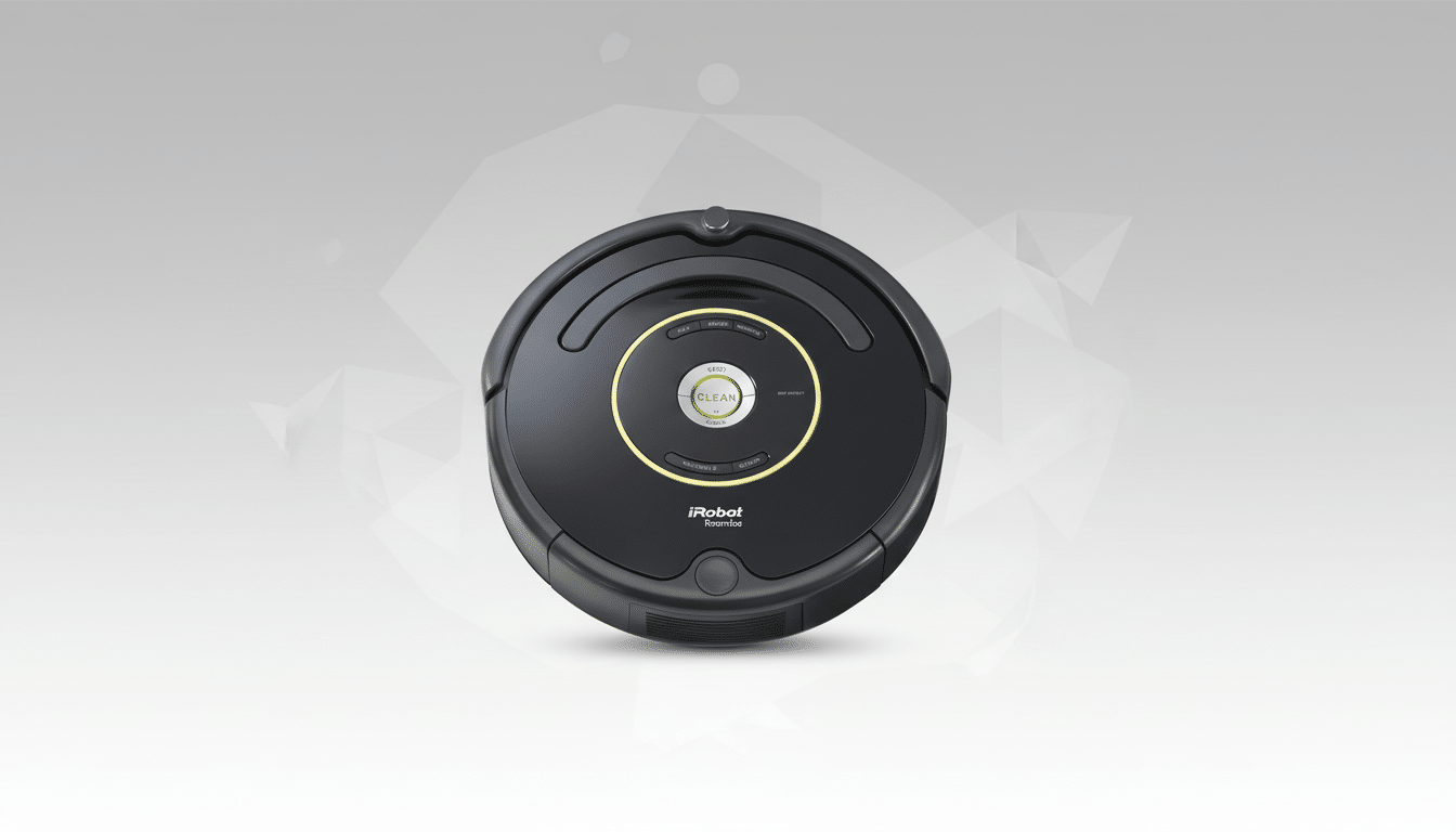 A black iRobot Roomba vacuum cleaner centered on a professional gray background with subtle geometric patterns.