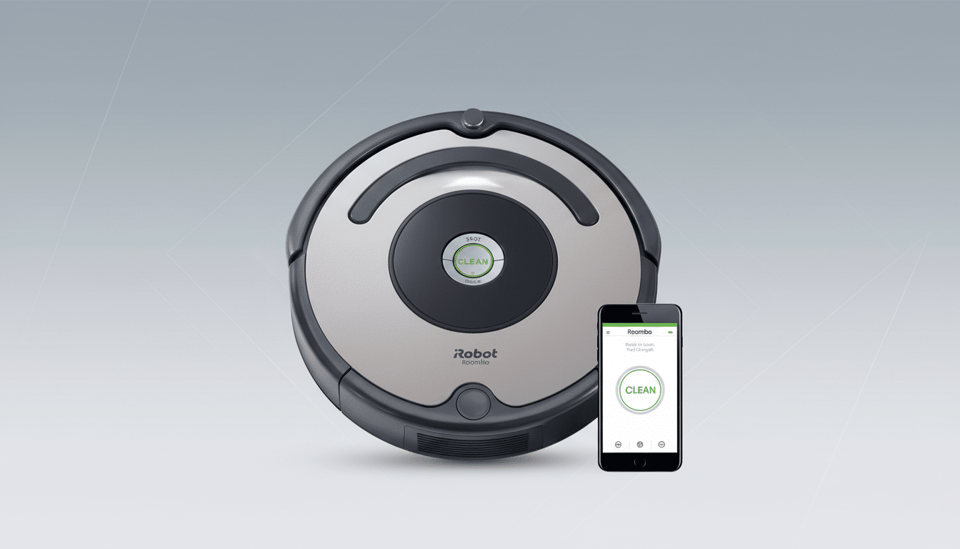 A Roomba robot vacuum cleaner and a smartphone displaying the Roomba app, set against a professional flat design background with soft patterns.