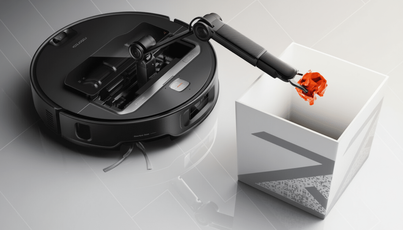 A black robotic vacuum cleaner with an attached robotic arm holding a crumpled red object over a white box.