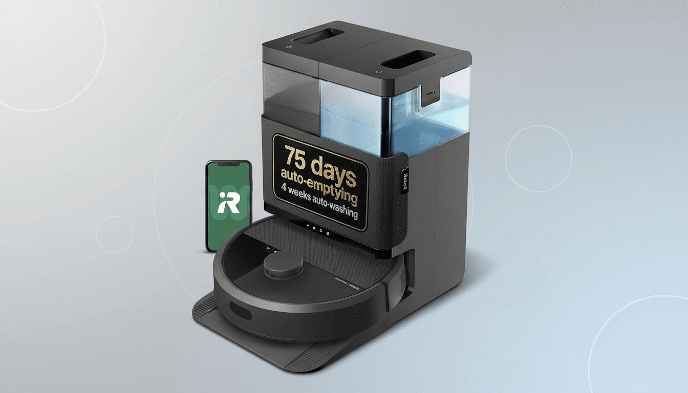 A black robot vacuum cleaner with a self-emptying and auto-washing station, next to a smartphone displaying the iRobot app logo, all set against a professional flat design background with soft patterns.