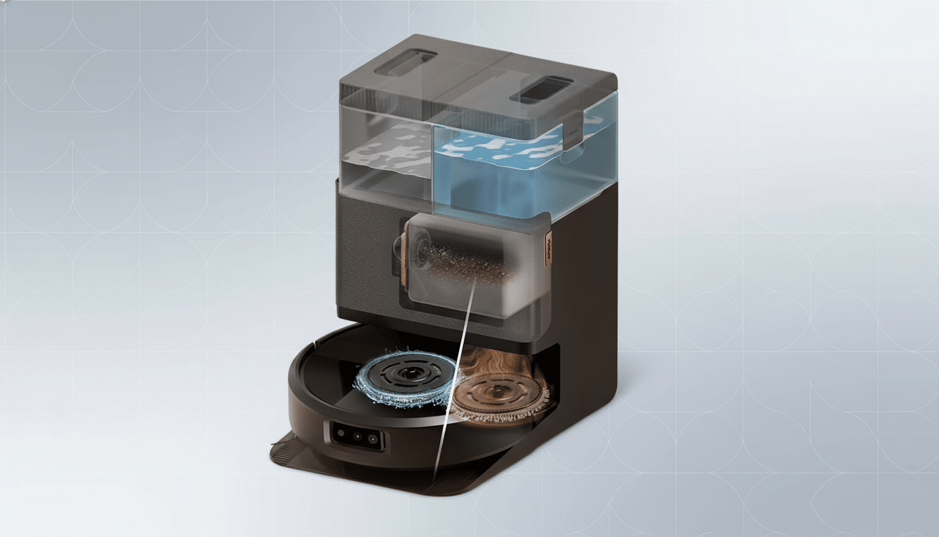 A black and transparent robot vacuum cleaning station with two water tanks, one filled with clean water and the other with dirty water, and two rotating cleaning pads at the bottom, set against a professional light gray background with a subtle geometric pattern.