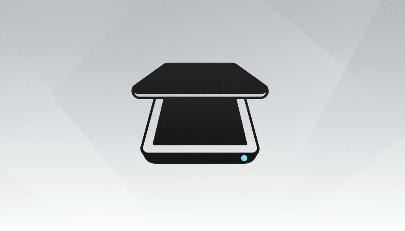 A black and white scanner icon with a blue light, set against a professional gray background with subtle geometric patterns.