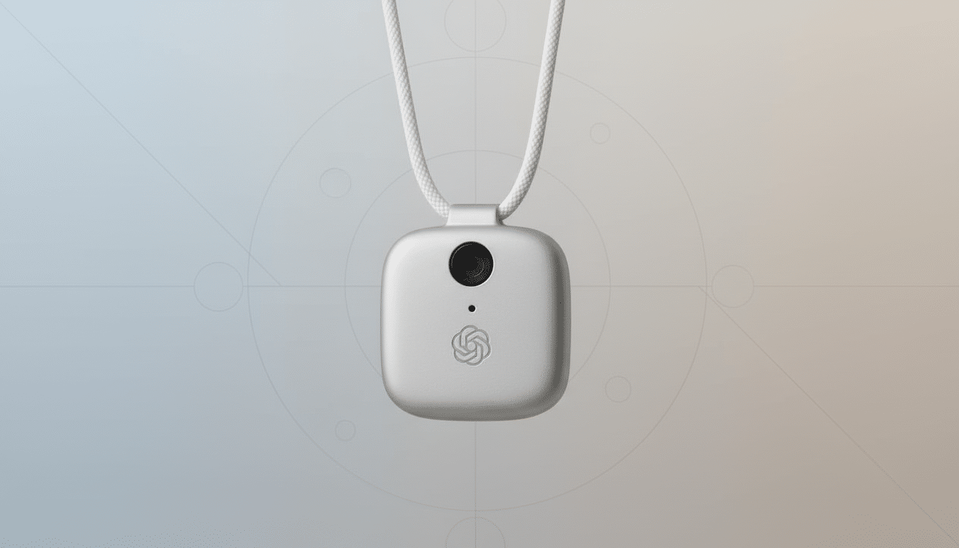 A silver, square-shaped wearable camera with a black lens and a subtle logo, hanging from a white braided cord, set against a professional flat design background with soft gradients and geometric patterns.