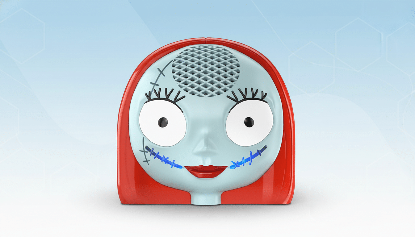 A Sally from The Nightmare Before Christmas themed speaker with red hair, a light blue face with stitched features, and large white eyes, set against a professional light blue background with subtle hexagonal patterns.