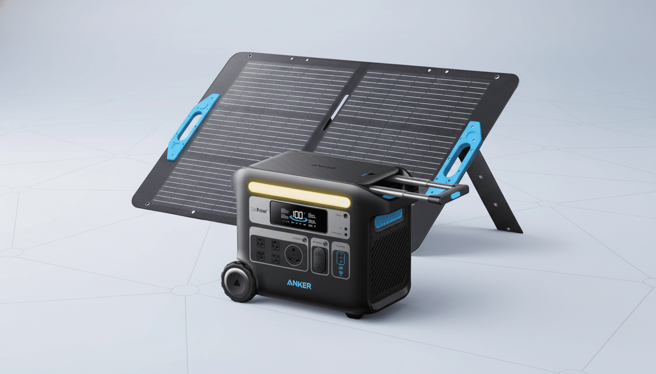 An Anker power station and a solar panel on a professional flat design background.