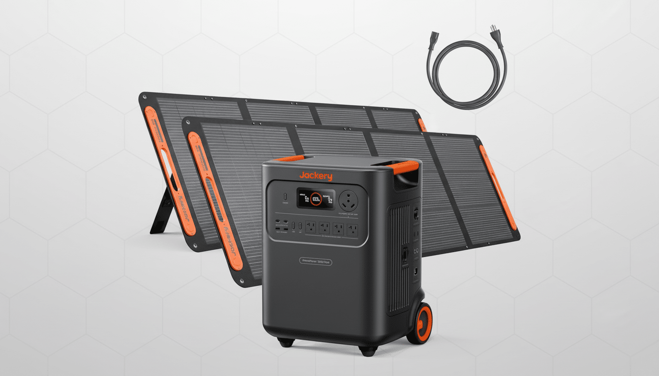 A Jackery HomePower 3600 Plus portable power station with two solar panels and a power cord, set against a professional flat design background with soft patterns.