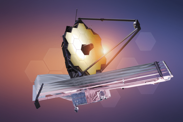 The James Webb Space Telescope with its golden mirror and sunshield, set against a professional flat design background with a soft orange-to-blue gradient and subtle hexagonal patterns.