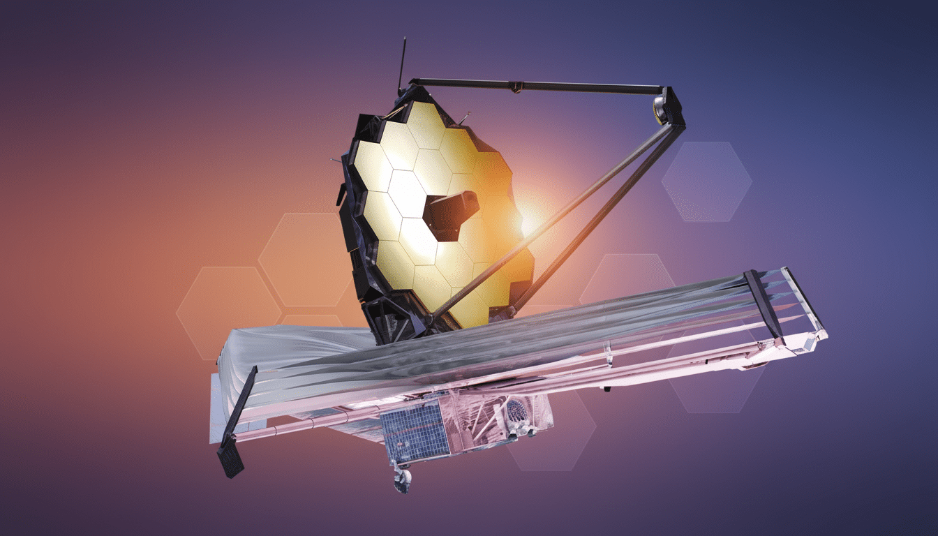 The James Webb Space Telescope with its golden mirror and sunshield, set against a professional flat design background with a soft orange-to-blue gradient and subtle hexagonal patterns.