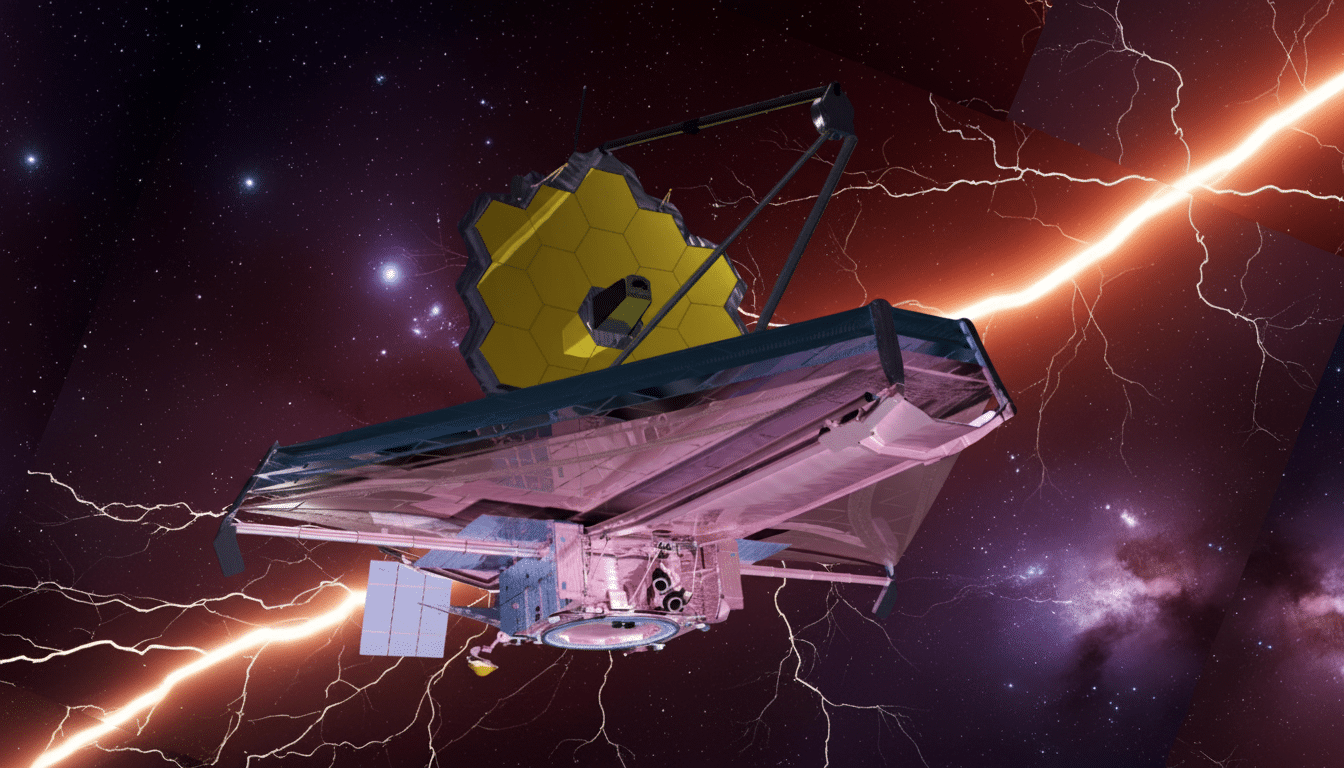 The James Webb Space Telescope with its golden hexagonal mirrors and silver sunshield, set against a cosmic background of stars, nebulae, and two bright lightning-like streaks.