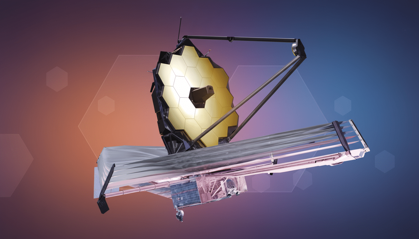 The James Webb Space Telescope is shown against a professional flat design background with soft orange and blue gradients and subtle hexagonal patterns.