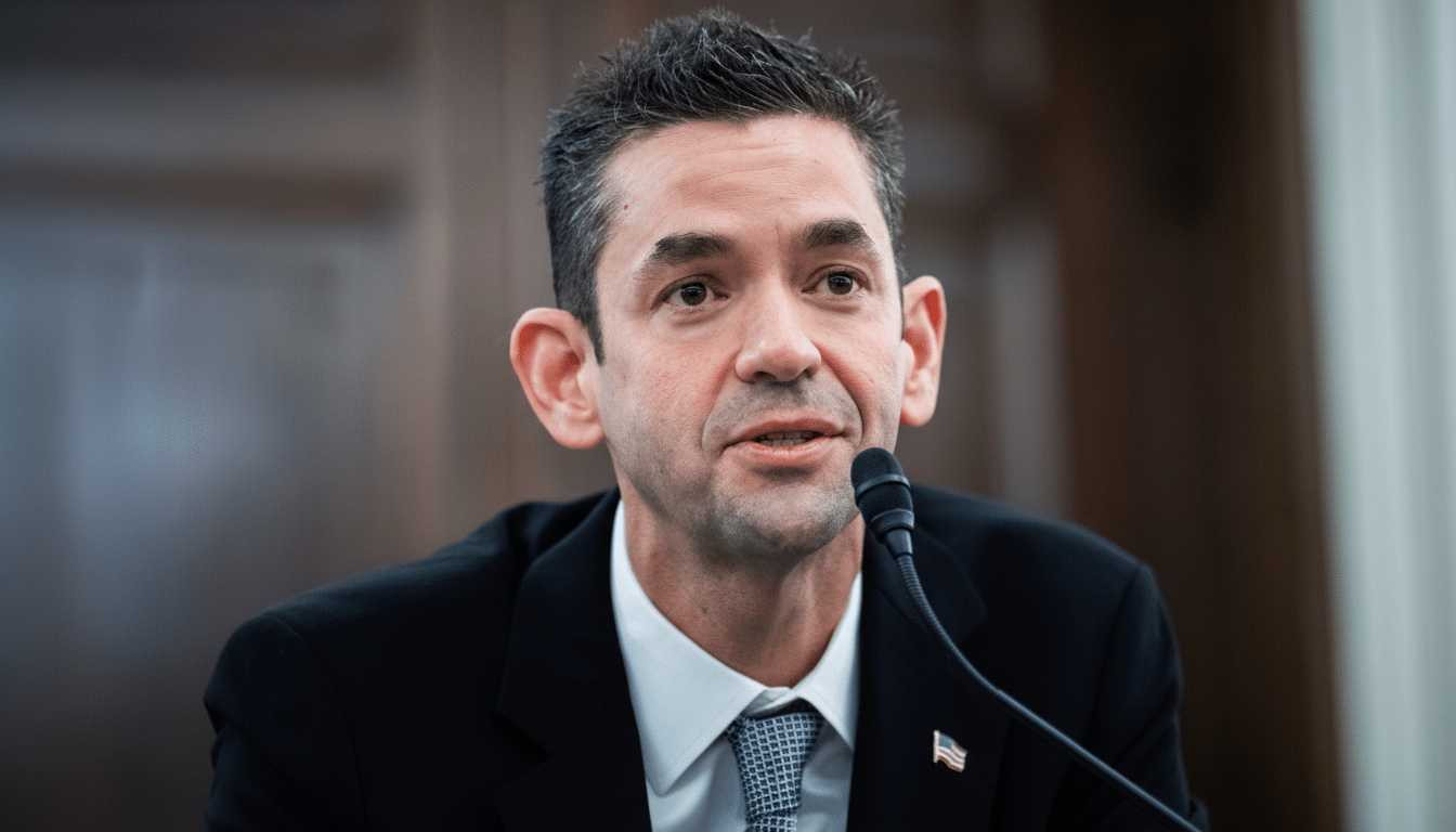 A man in a suit and tie speaking into a microphone, resized to a 16:9 aspect ratio.
