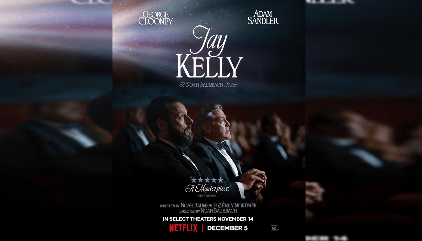 A movie poster for Jay Kelly featuring George Clooney and Adam Sandler in a theater, resized to a 16:9 aspect ratio.