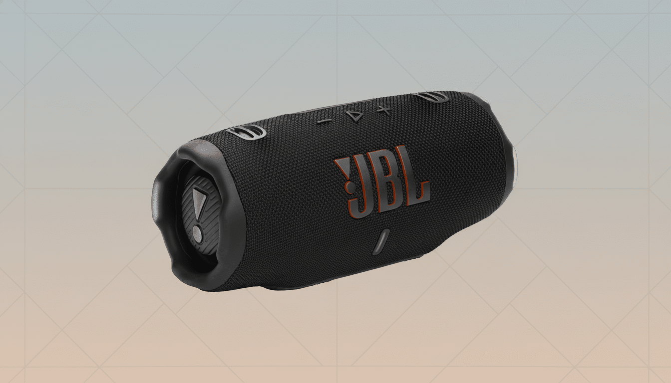 A black JBL Charge 5 portable Bluetooth speaker with an orange JBL logo, presented on a professional flat design background with soft geometric patterns and a gradient from light orange to light gray.