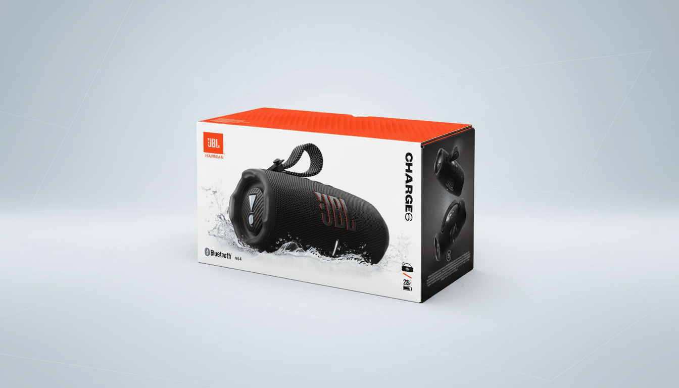 A JBL Charge 6 portable Bluetooth speaker in its retail box, presented on a professional flat design background with soft gradients.