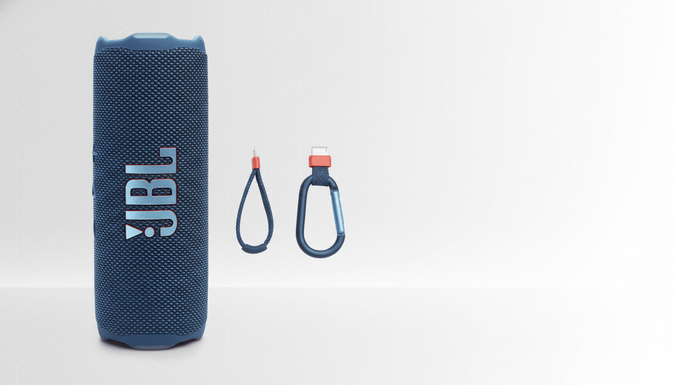 A blue JBL Flip 6 portable Bluetooth speaker with a matching blue strap and carabiner clip, presented on a professional flat design background with soft patterns and gradients.