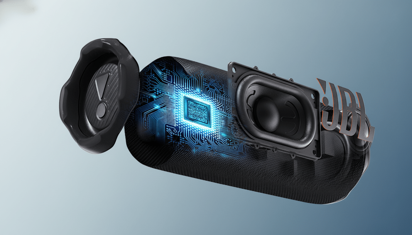 A JBL portable speaker, cut open to reveal its internal components, including a glowing blue circuit board and a speaker driver, set against a gradient background.