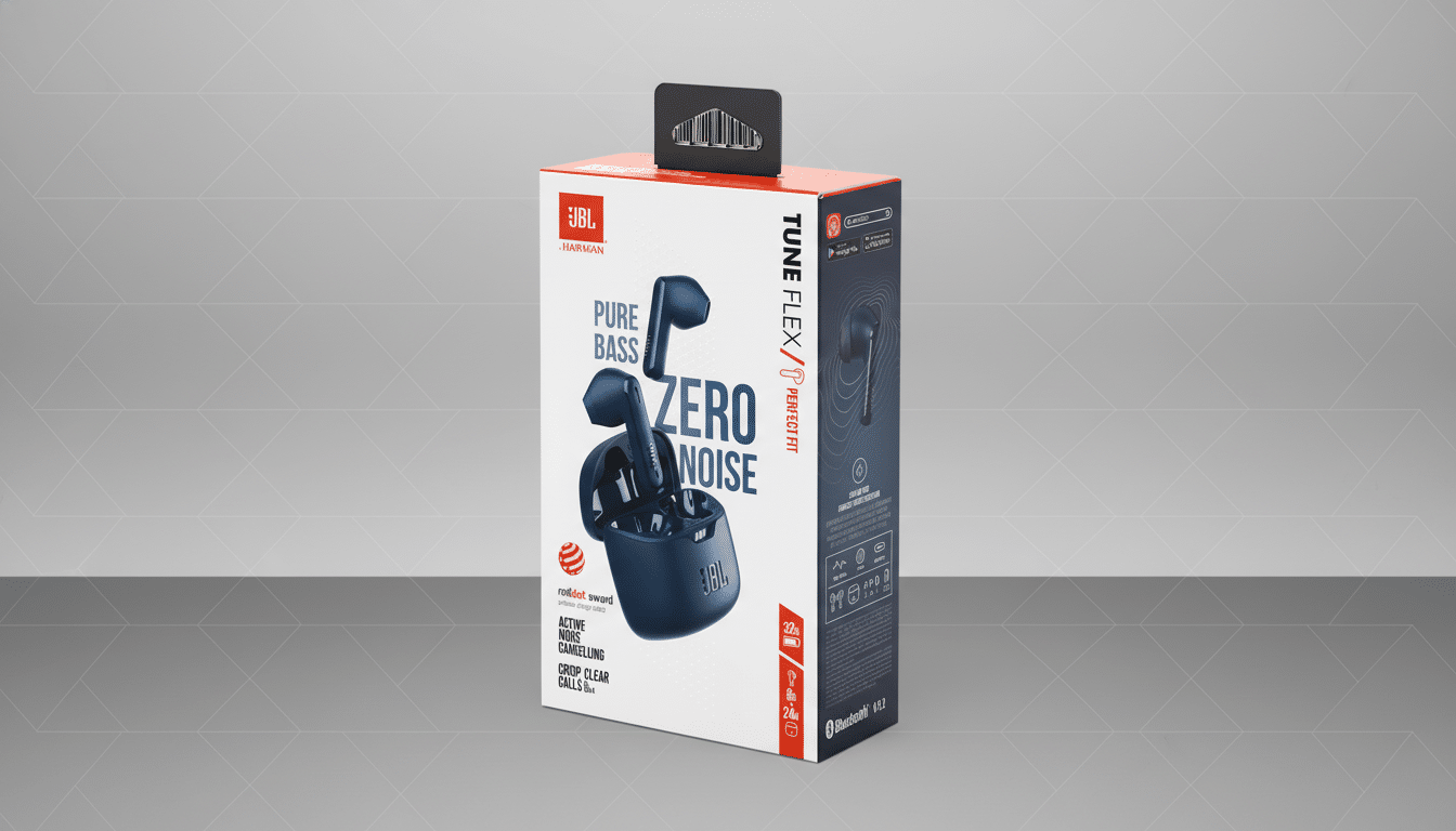 A JBL Tune Flex earbuds box in a 16:9 aspect ratio, with a professional flat design background featuring soft patterns.
