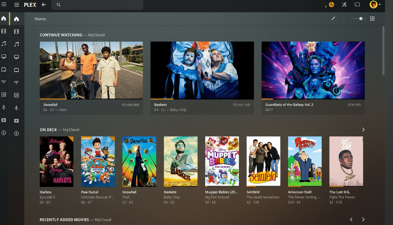 A screenshot of the Plex media server interface, displaying various TV shows and movies in a grid layout.