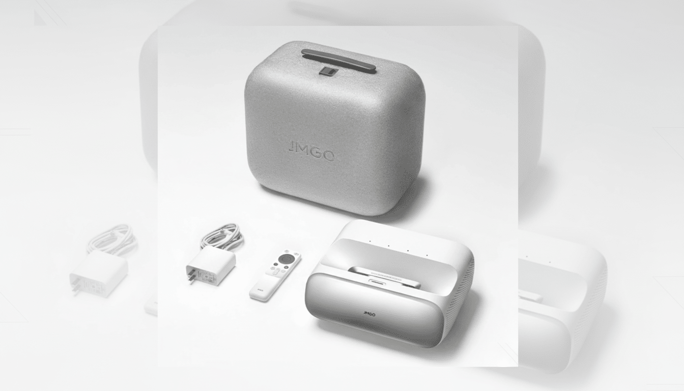 A professional, enhanced image of a JMGO projector and its accessories, including a remote control and power adapter, presented on a clean, light background with a 16:9 aspect ratio.