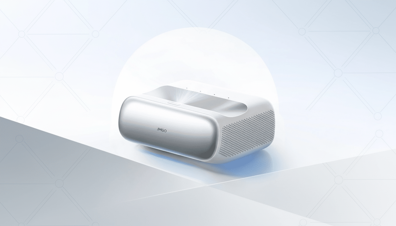 A white JMGO projector with a sleek design, featuring a perforated side panel and a light emanating from the top, set against a professional light gray background with subtle geometric patterns.