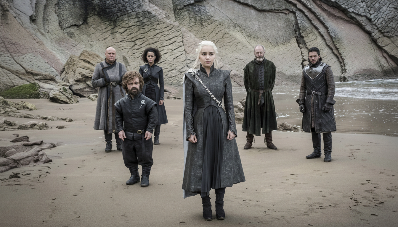 Daenerys Targaryen stands on a sandy beach with Tyrion Lannister, Jon Snow, Missandei, Varys, and Ser Davos Seaworth, with a rocky cliff face and ocean in the background.