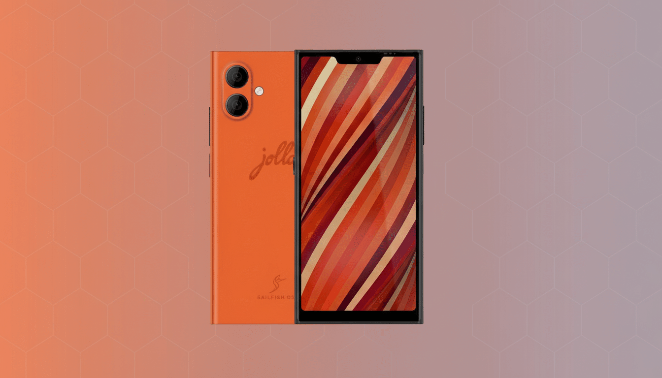 A 16:9 aspect ratio image of an orange smartphone with jolla and SAILFISH OS branding on the back, and a screen displaying red and orange stripes, set against a professional flat background with soft hexagonal patterns and a gradient from orange to purple.