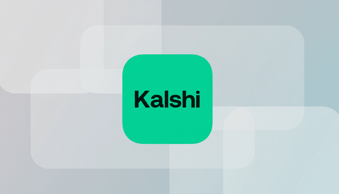 The Kalshi app icon, featuring the word Kalshi in black text on a rounded square with a vibrant teal background, is centered on a professional 16:9 aspect ratio background with soft, light gray geometric patterns and a subtle gradient.