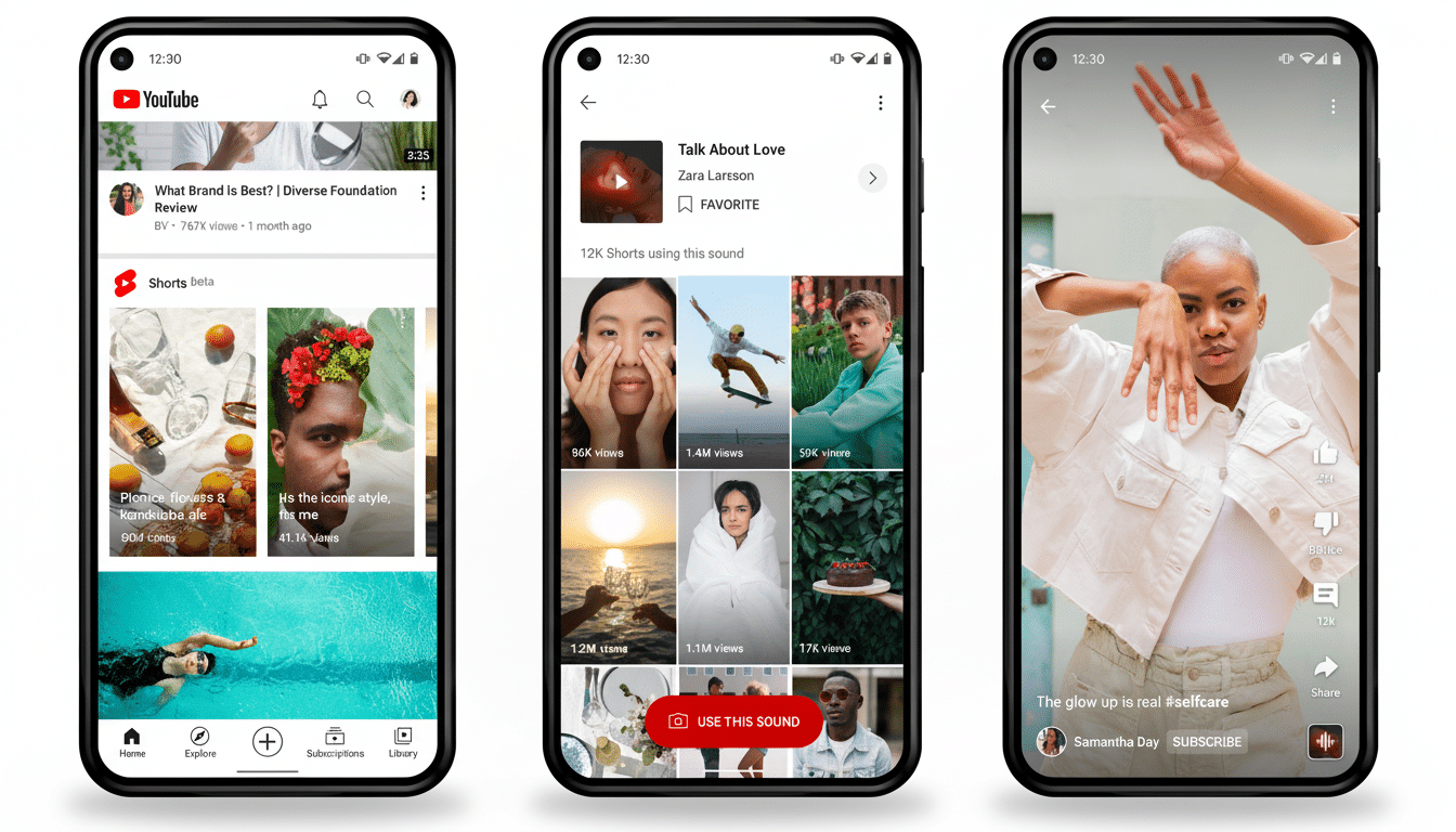 Three smartphones displaying different screens of the YouTube app, with the middle phone showing a Shorts video interface.