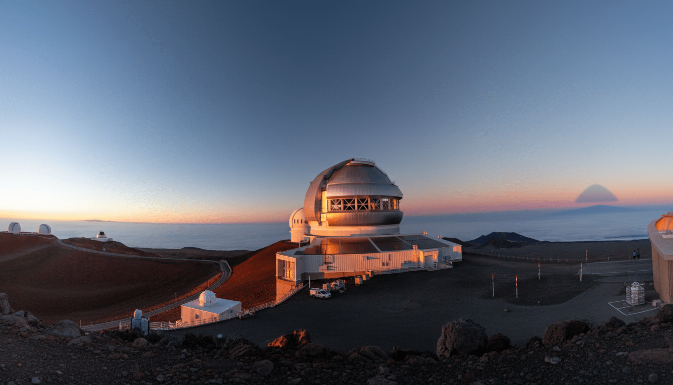 A panoramic view of an observatory on a mountain at sunset, with the sky transitioning from blue to orange and pink.