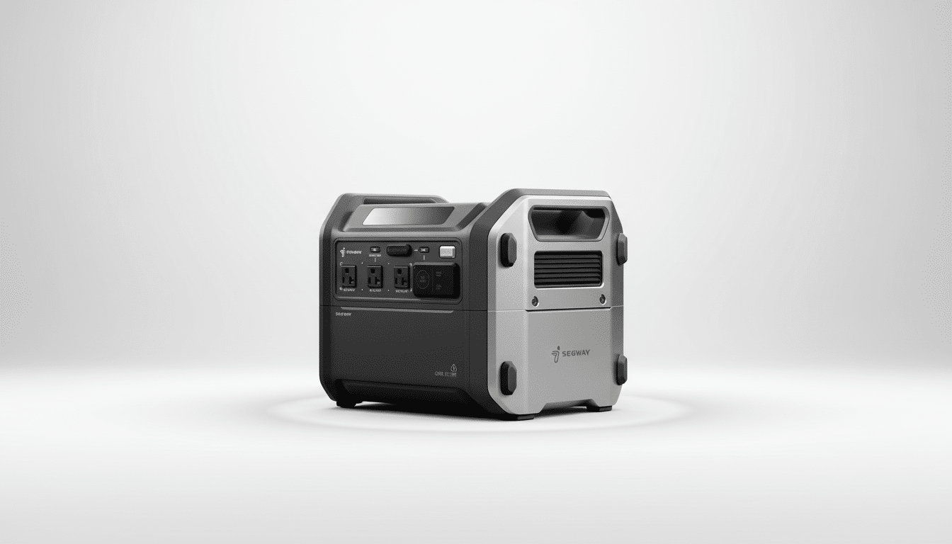 A professional, enhanced image of a Segway portable power station, resized to a 16:9 aspect ratio, presented on a clean white background with subtle gradient shading.