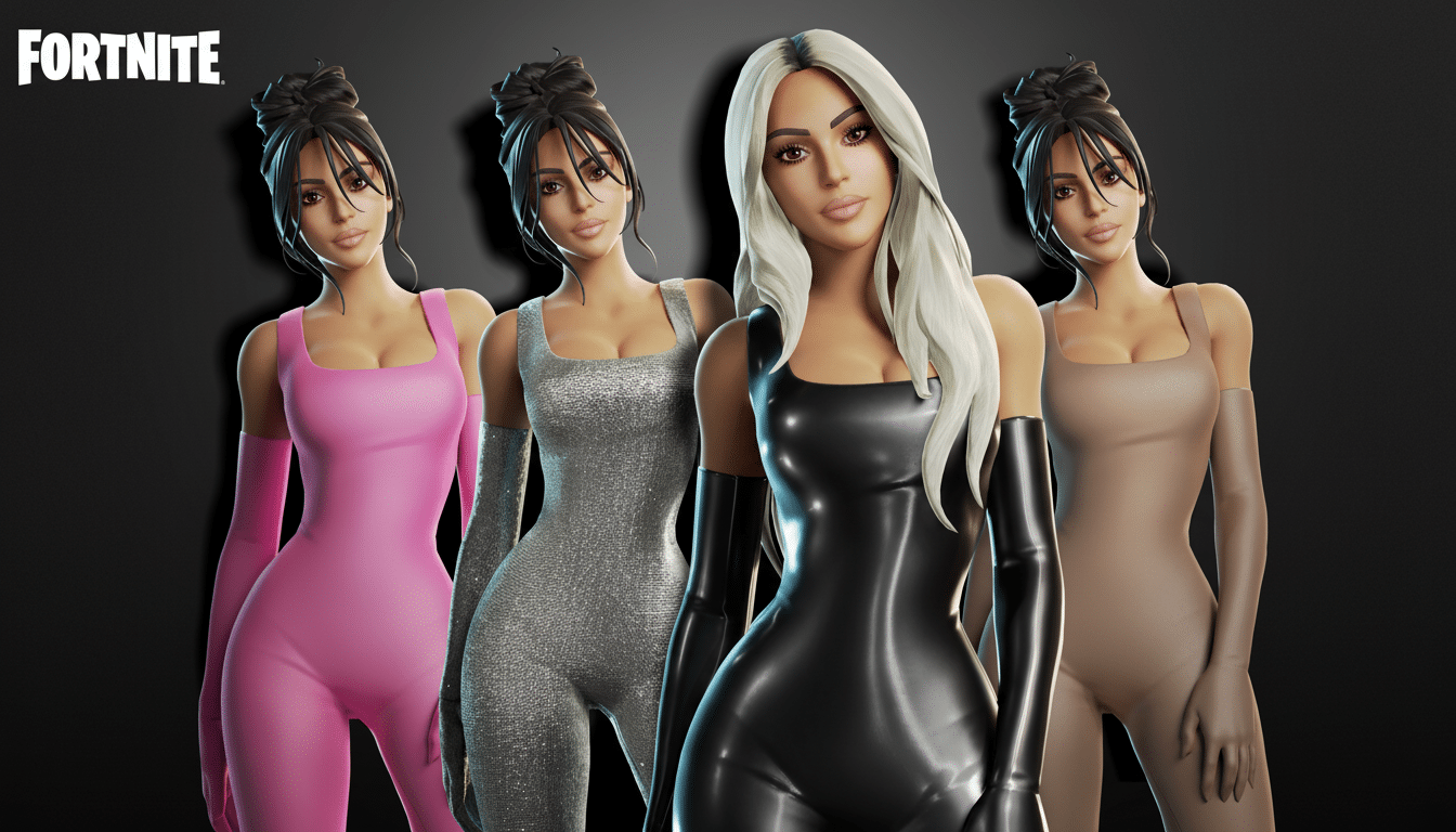 Four female Fortnite characters, one with long blonde hair in a black outfit, and three with dark hair in pink, silver, and beige outfits, standing against a dark background with the Fortnite logo in the top left corner.