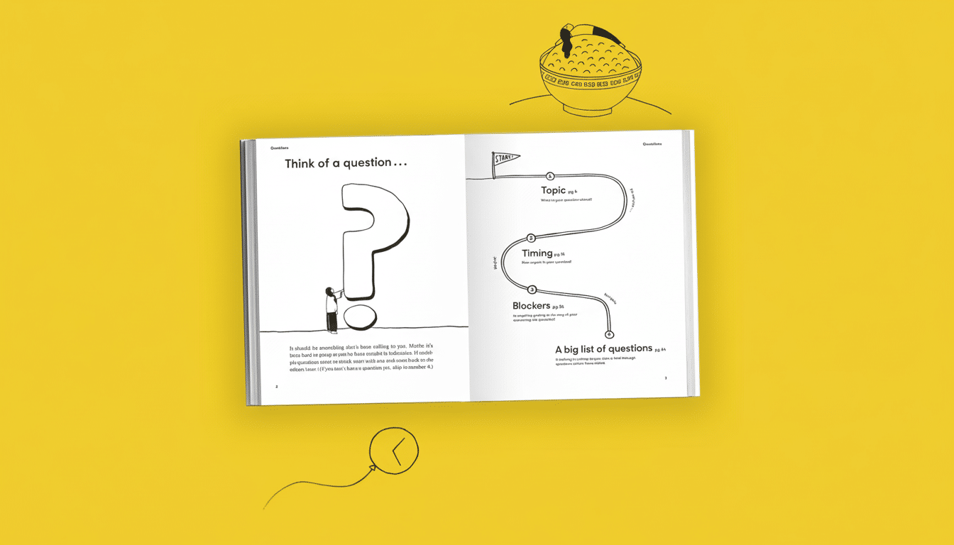An open book on a yellow background, displaying a page titled Think of a question... with a large question mark illustration and text about formulating questions.