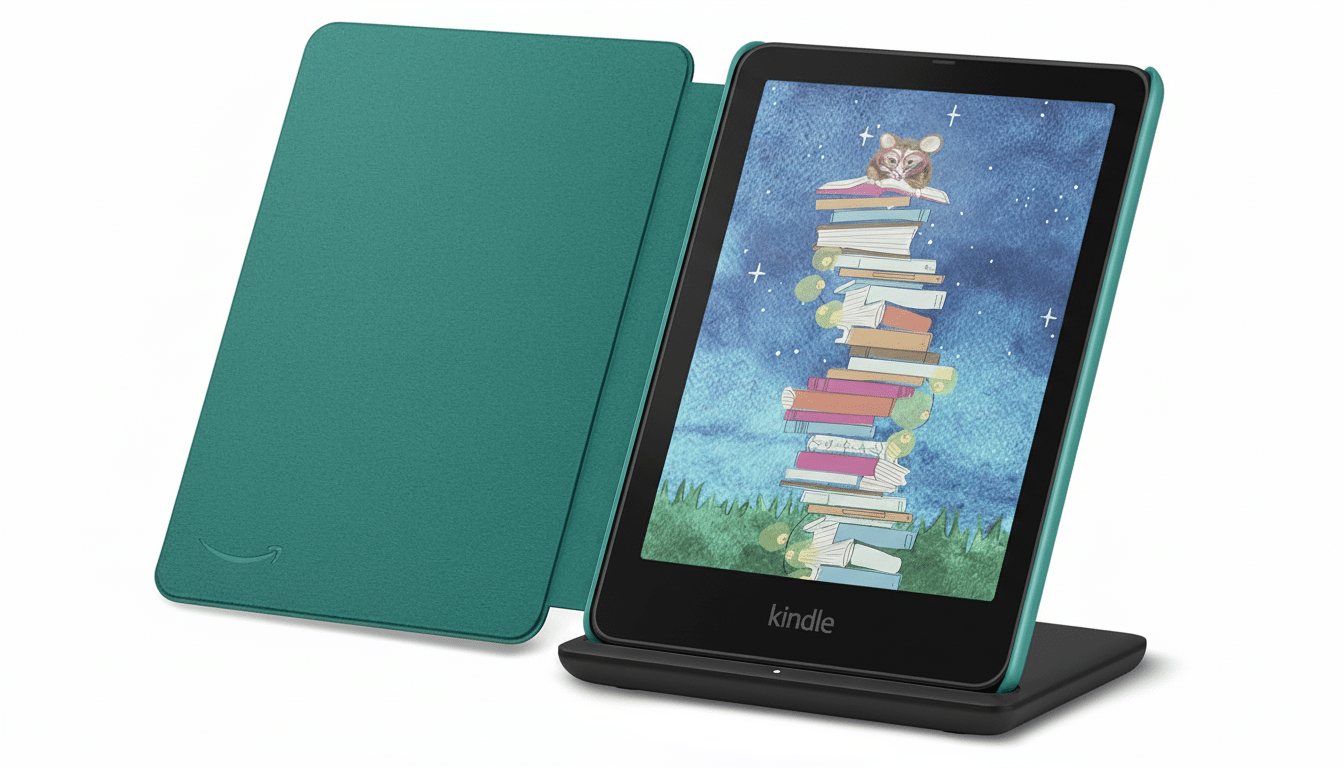 A teal Amazon Kindle Paperwhite with its cover open, displaying an illustration of a mouse on a stack of books, set against a professional white background.