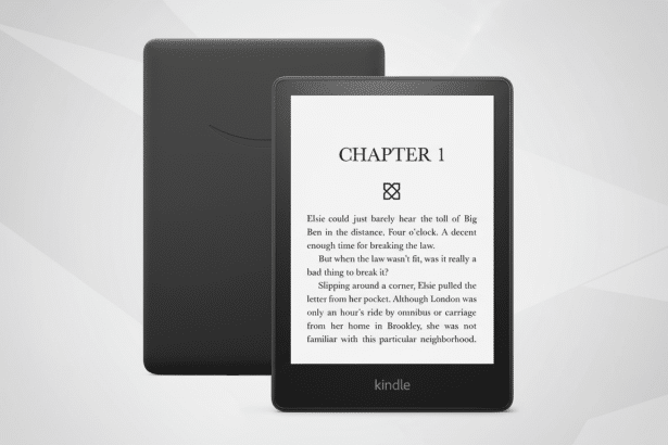 A black Amazon Kindle e-reader displaying CHAPTER 1 on its screen, with another Kindle device lying behind it, all set against a professional flat design background with soft patterns.