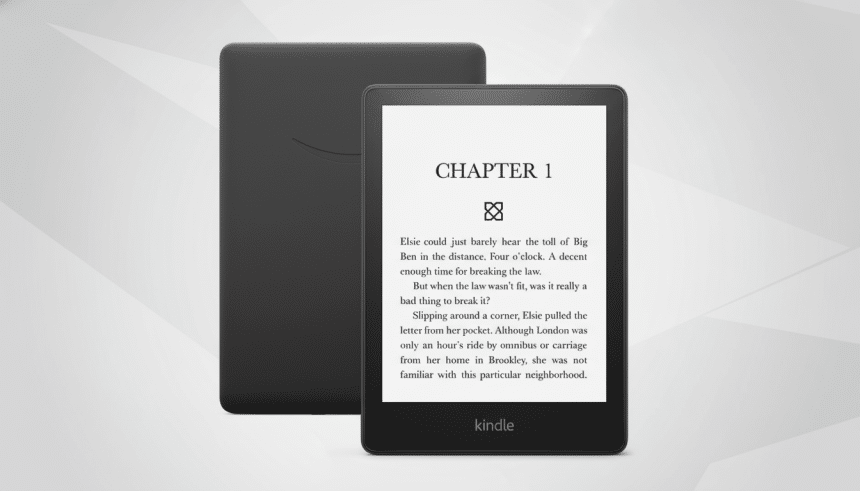 A black Amazon Kindle e-reader displaying CHAPTER 1 on its screen, with another Kindle device lying behind it, all set against a professional flat design background with soft patterns.