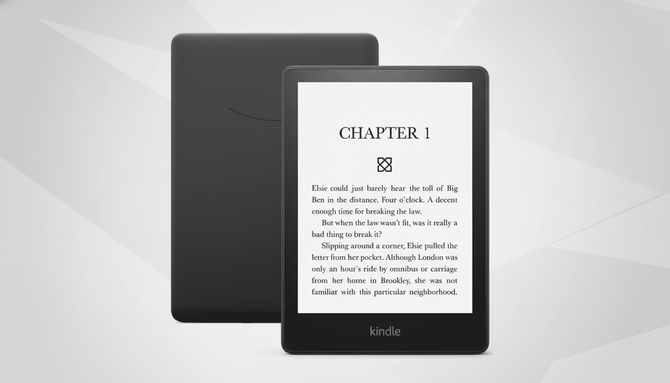 A black Amazon Kindle e-reader displaying CHAPTER 1 on its screen, with another Kindle device lying behind it, all set against a professional flat design background with soft patterns.