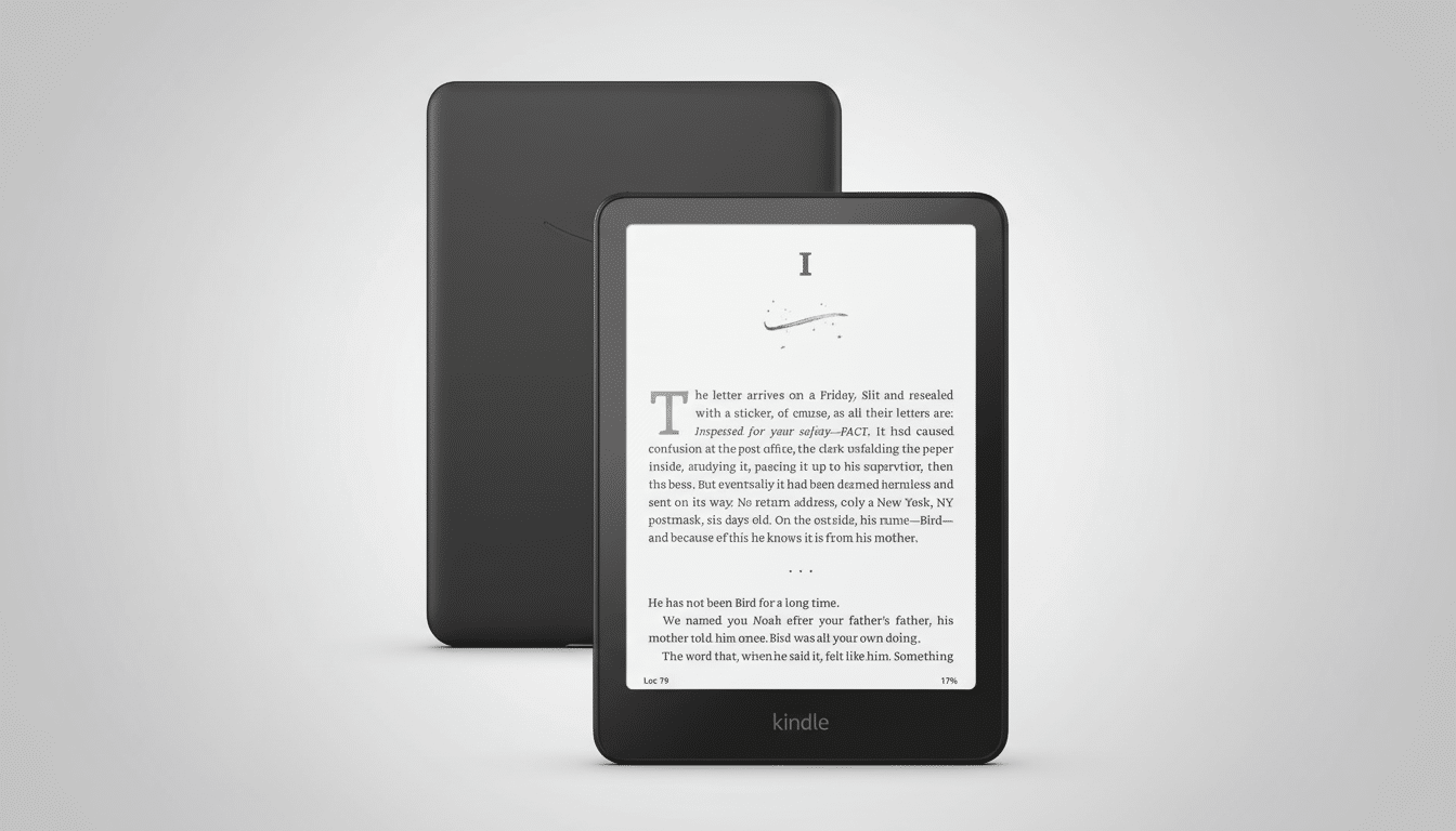 A Kindle e-reader displaying text, with another Kindle device behind it, set against a professional flat gray background.
