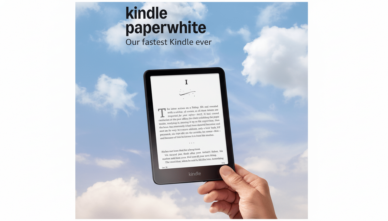 A hand holding a Kindle Paperwhite e-reader against a blue sky with clouds. The screen displays text, and the top of the image features the kindle paperwhite Our fastest Kindle ever logo.