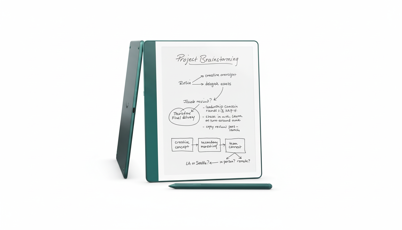 A teal digital tablet with a stylus, displaying a Project Brainstorming flowchart on its screen, set against a clean white background.