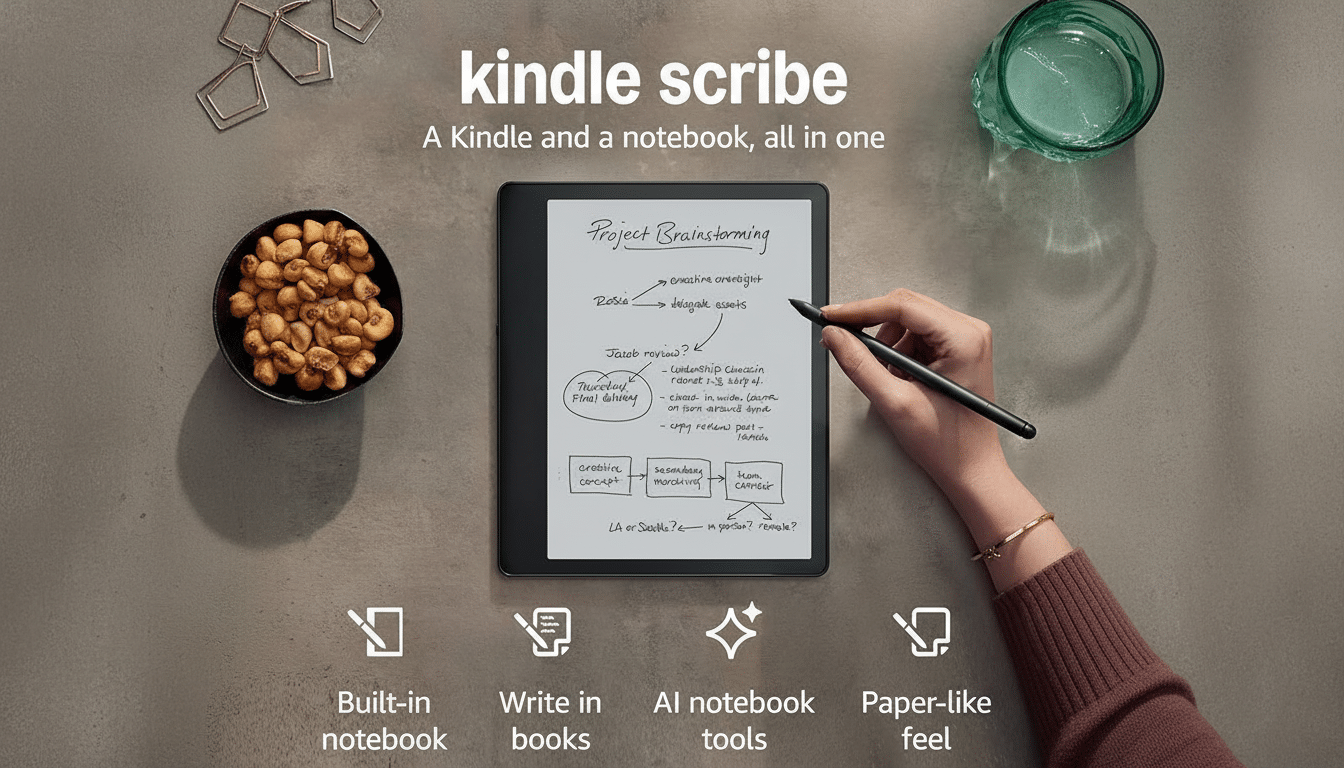 A Kindle Scribe e-reader with a hand holding a stylus, displaying Project Brainstorming notes, set against a professional background with a bowl of snacks and a glass of water.
