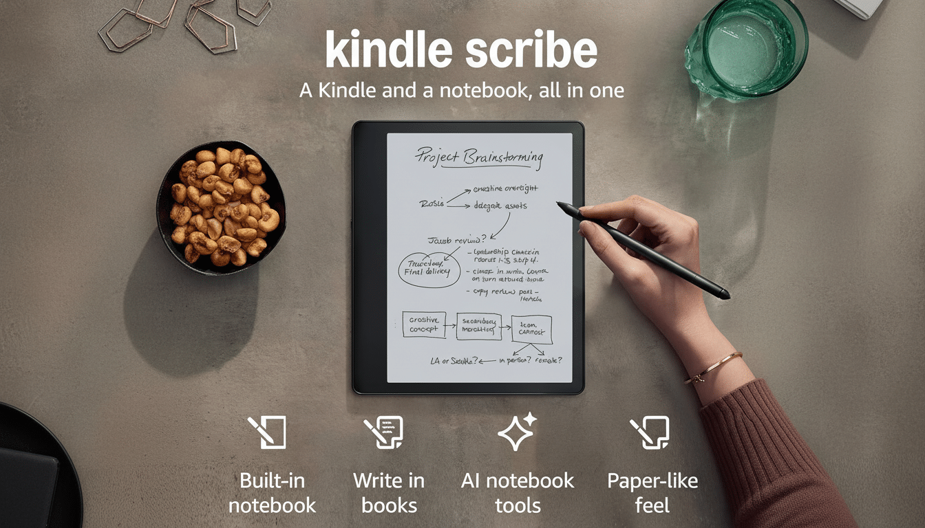 A Kindle Scribe displayed on a desk with a hand holding a stylus, alongside a bowl of snacks and a glass of water.