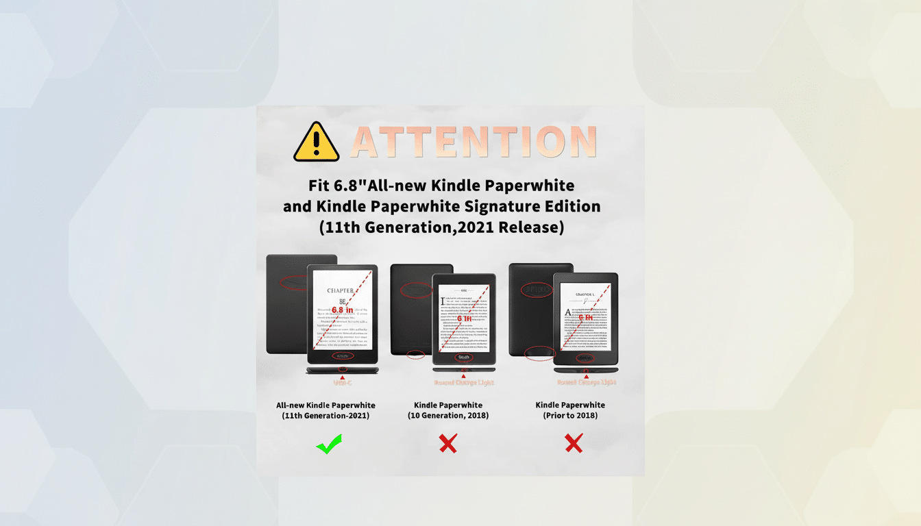 An image comparing three Kindle Paperwhite models, highlighting the 11th Generation (2021 Release) as the compatible model for a 6.8-inch screen protector. The other two models, 10th Generation (2018) and Prior to 2018, are marked with red Xs, indicating incompatibility. The background is a professional flat design with soft patterns and gradients.