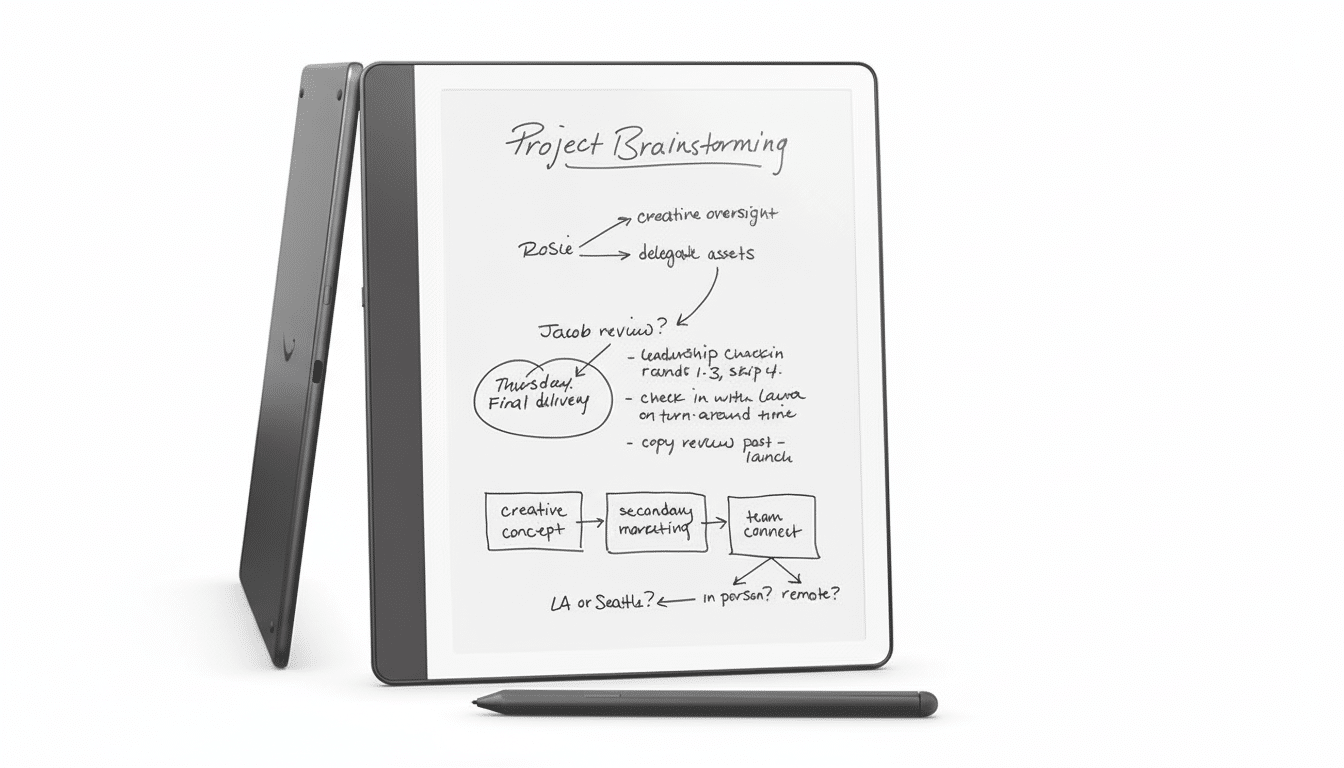 A reMarkable 2 tablet with a stylus, displaying a Project Brainstorming flowchart on its screen, set against a clean white background.