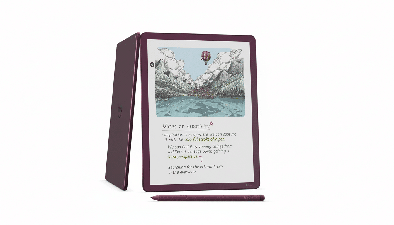 A purple Kindle Scribe and its stylus are displayed on a white background. The Kindles screen shows a drawing of a lake and mountains with a hot air balloon, and text about creativity.