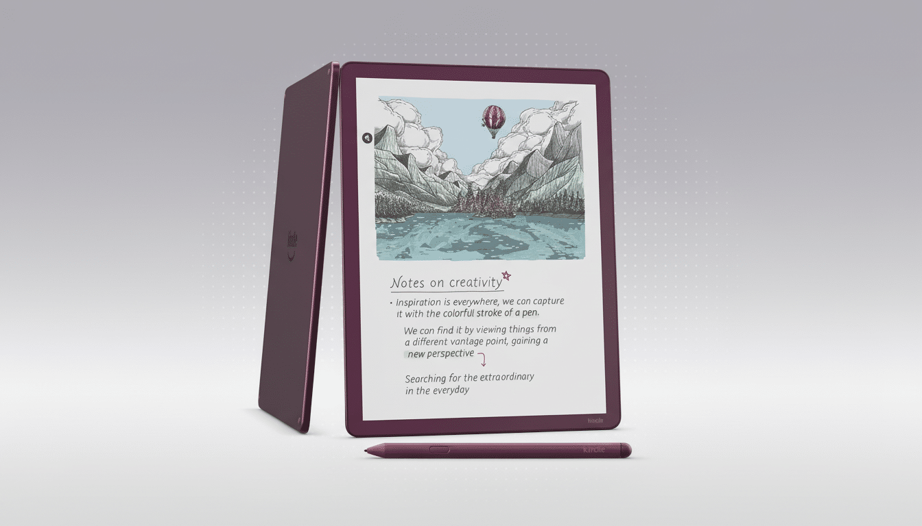 A purple Kindle Scribe and its stylus are displayed on a professional flat design background with soft patterns. The Kindles screen shows a drawing of mountains and a lake with a hot air balloon, and text about creativity.