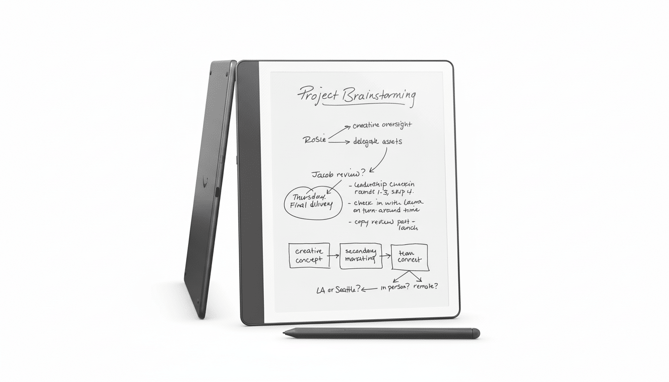 A reMarkable 2 tablet with a Project Brainstorming diagram on its screen, accompanied by its stylus, presented on a clean white background.