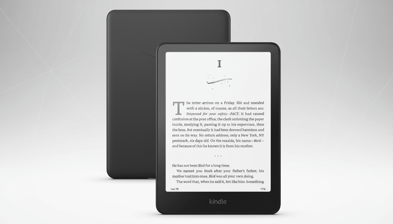 A Kindle e-reader displaying text, with another Kindle device behind it, set against a professional flat design background with soft patterns.