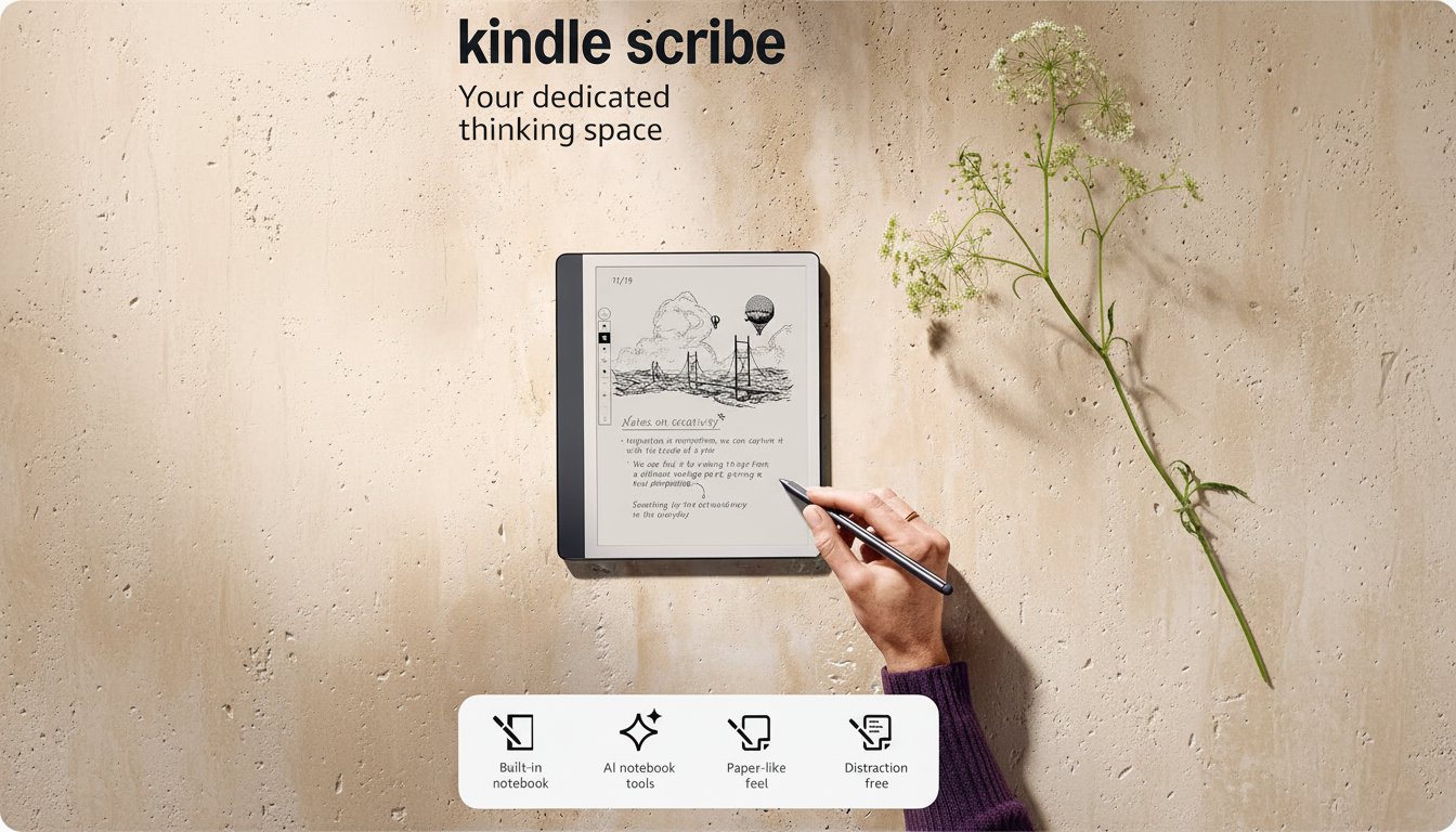 A Kindle Scribe e-reader with a hand holding a stylus, set against a textured wall with a sprig of greenery. The screen displays Notes on creativity with a drawing of clouds and a bridge. Below the device are four icons with text: Built-in notebook, AI notebook tools, Paper-like feel, and Distraction free.