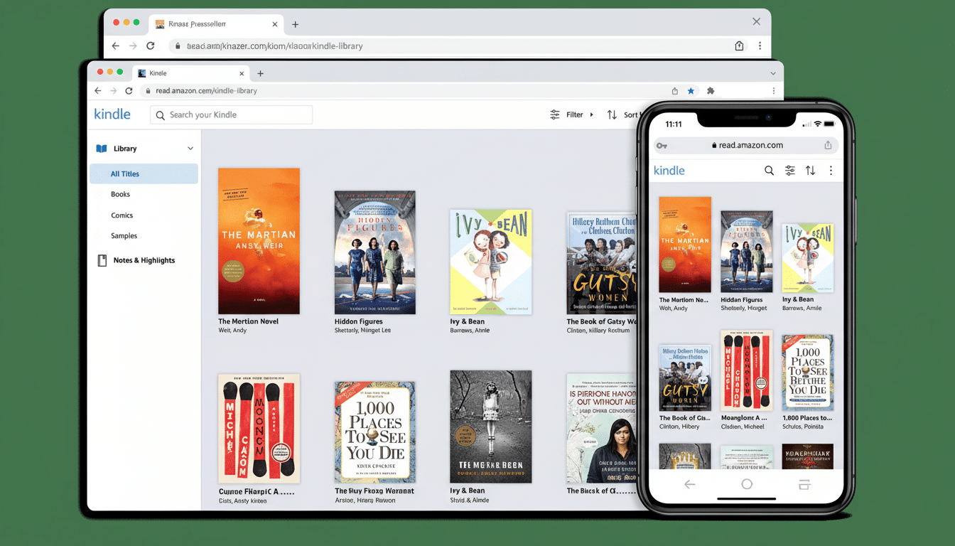 A laptop and a smartphone displaying the Kindle library interface.
