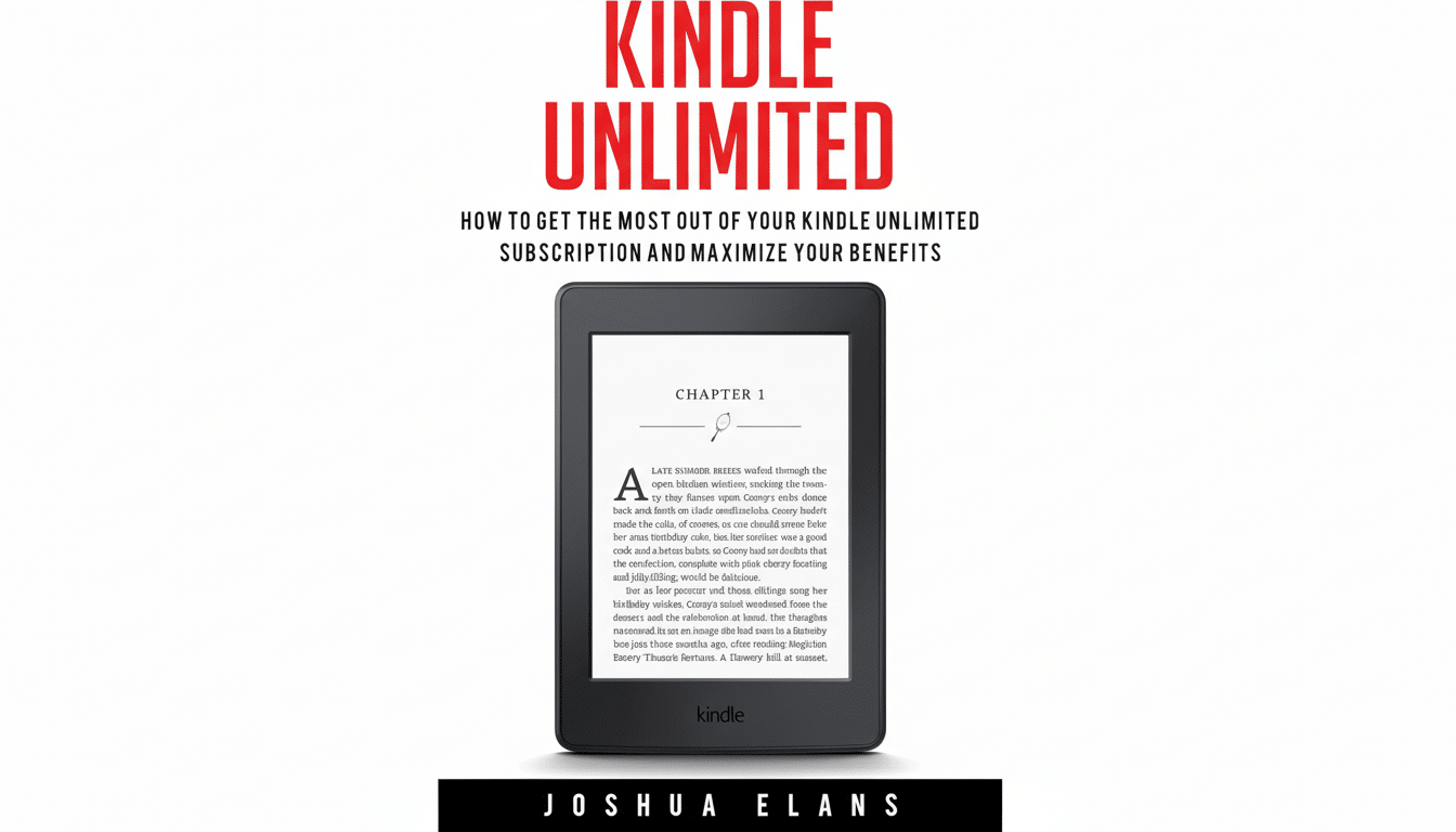 A Kindle Unlimited book cover with a black Kindle device displaying Chapter 1 text, set against a white background with a professional 16:9 aspect ratio.